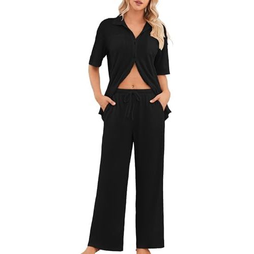 Womens Pajama Sets 2 Piece Outfits Lounge Pjs Waffle Knit Sleepwear Button Down Shirts Wide Leg Pants with Pockets