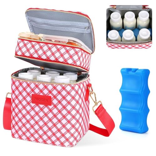 PIIOSER Breastmilk Cooler Bag with Ice Pack, Fits 6 Baby Bottles Up to 9 Oz, Stylish Baby Cooler Travel Bags with Shoulder Strap, Double Deck & Leakproof for Nursing & Working Mom-Red & White Striped