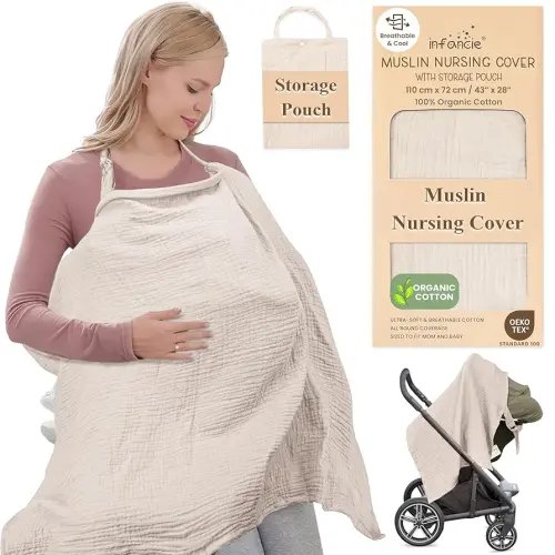 Organic Cotton Nursing Cover - 43 x 28 Inch Breathable Muslin Breastfeeding Cover, Multi-Purpose for Women (Ivory)