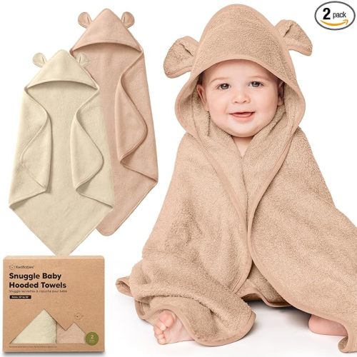 KeaBabies 2-Pack Hooded Baby Towels for Newborn - 30x30 Soft & Absorbent Viscose from Bamboo Baby Bath Towels with Hood for Infant, Toddler,Kids,Boys Girls,Newborn Bath Essentials (Almond, Petite)