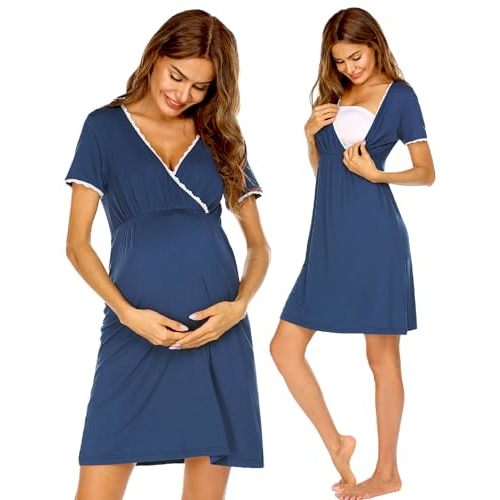 Ekouaer Nursing Nightgown Delivery and Labor Gown for Hospital Short Sleeve Maternity Breastfeeding Dress