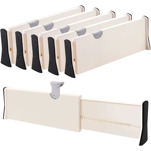 Drawer Dividers Organizer 5 Pack, Adjustable Separators 4" High Expandable from 11-17" for Bedroom, Bathroom, Closet,Clothing, Office, Kitchen Storage, Strong Secure Hold, Foam Ends, Locks in Place