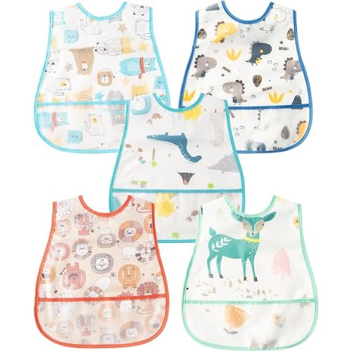 R HORSE 5Pcs Baby Bibs Set Toddler Bibs with Crumb Catcher Pocket & Snap Button Waterproof Baby Feeding Bibs for 6-24 Months