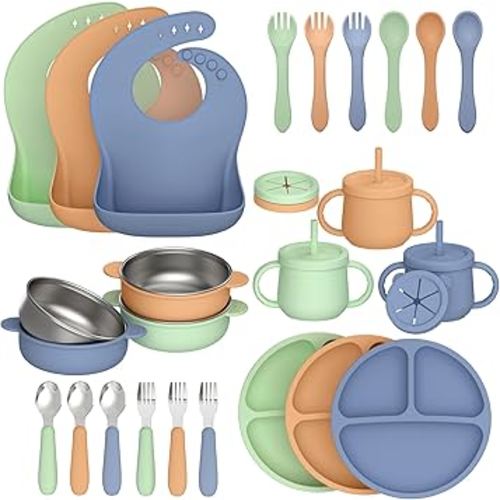 27 Pack Silicone Baby Feeding Set, Hepotk BPA-Free Food Grade Baby Feeding Essentials Utensils, Second Stage Baby Food Eating Utensils, Set of 3 babies(Brown, Blue, Green)