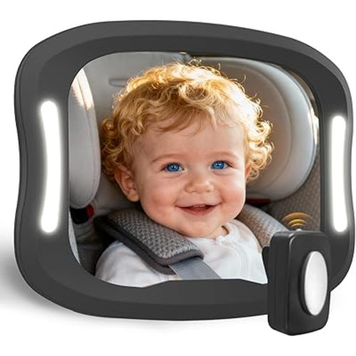 Baby Car Mirror with LED Light & Remote Control - Night Vision Rear Facing Car Seat Mirror, Adjustable Shatterproof Safety Mirrors for Backseat Infant, Universal Fit for Cars, SUVs (Black)