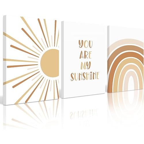 Boho Nursery Wall Art Baby Girl Wall Decor Kids Rainbow Canvas Wall Art You Are My Sunshine Pictures Toddler Sun Prints Nursery Artwork for Room Bedroom Set of 3 16x24 Inch Ready to Hang