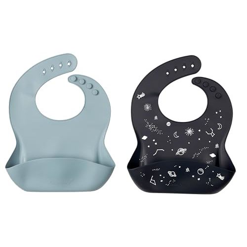 Loulou Lollipop Silicone 2 pack Bib set - Space/Slate, waterproof 2 pk for baby, infant, toddler
