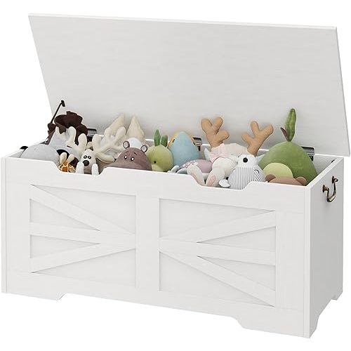 IDEALHOUSE 39.4" Toy Chest, Large Storage Chest with Safety Hinge, Kids Wooden Toy Box with Lid, Supports 350 lbs, Storage Bench Trunk for Entryway, Living Room, Bedroom, White