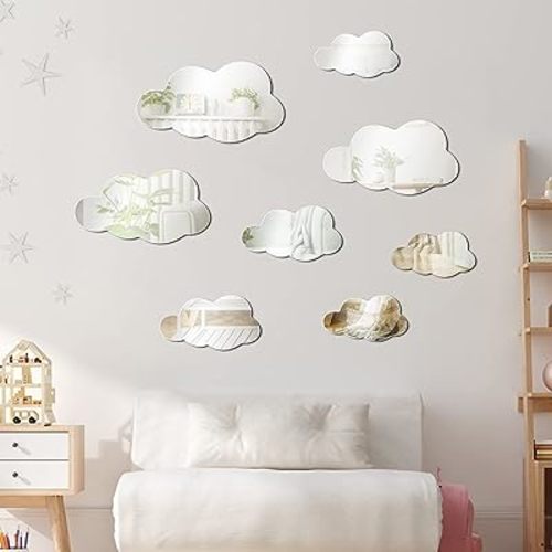 8 Pcs 3D Acrylic Cloud Shape Mirror Wall Art Decor Removable Self Adhesive Decorative Cloud Mirror Stickers Decals for Kids Girls Bedroom Bathroom Playroom Living Room Nursery Decoration
