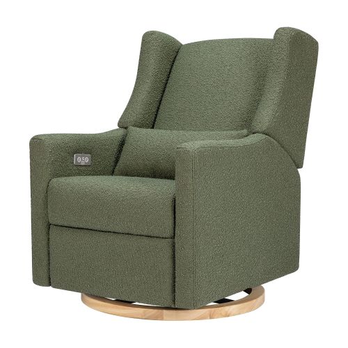 Babyletto Kiwi Electronic Swivel Glider Recliner, Boucle, Olive, Light Wood Base