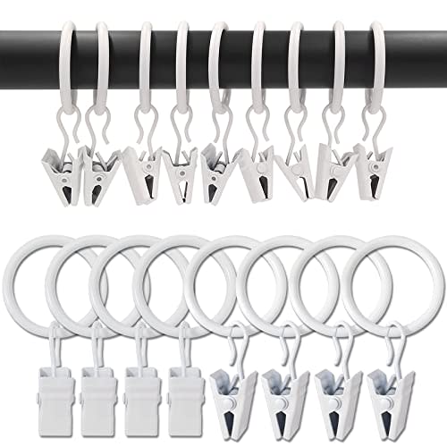 AMZSEVEN 100 Pack Metal Curtain Rings with Clips, Drapery Clips with Rings, Drapes Rings 1 in I D, Fits Diameter 6/8 in Curtain Rod, White