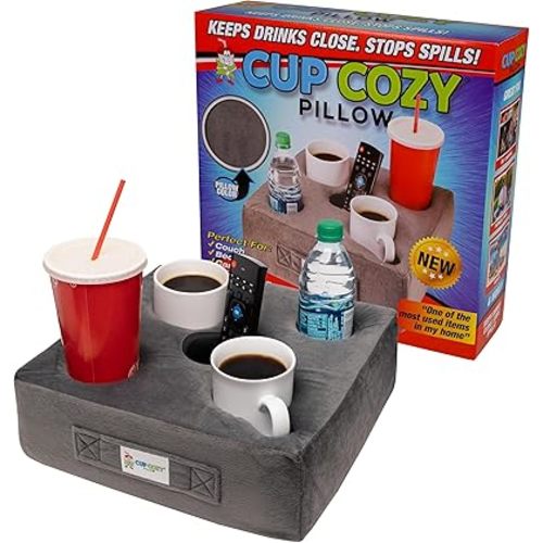 Cup Cozy Deluxe Pillow (Gray) *As Seen on TV* -The World's Best Cup Holder! Keep Your Drinks Close and Prevent Spills. Use it Anywhere-Couch, Floor, Bed, Man cave, car, RV, Park, Beach and More!