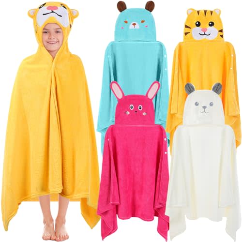 Preboun 4 Pcs Kids Hooded Bath Towel Set Hooded Towel for Kids 55'' x 27.5 Large Kids Bath Towel Wrap for 3-10 Kids Boy Girl(Blue Green, White, Rose Red, Light Yellow,Bear, Kitten, Tiger)
