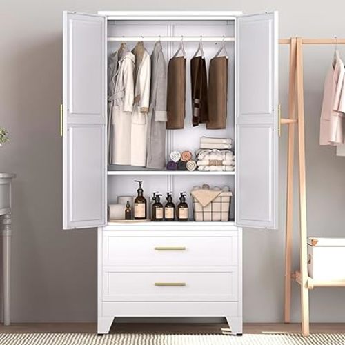 71" Metal Armoire Wardrobe Closet with 2 Drawers, Freestanding 2-Door Tall Clothing Storage with Adjustable Shelves and Hanging Rod for Bedroom Dorm, White