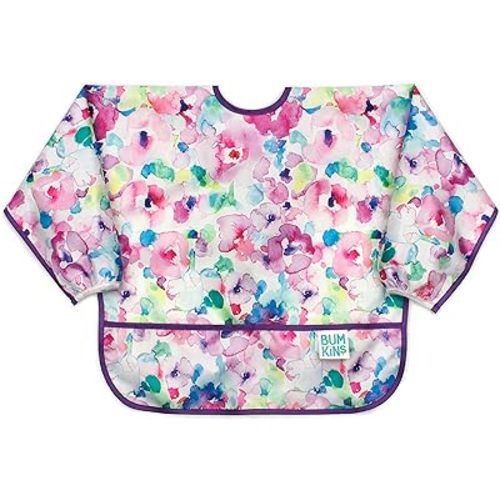 Bumkins Sleeved Bib for Girl or Boy, Baby and Toddler for 6-24 Mos, Essential Must Have for Eating, Feeding, Baby Led Weaning, Long Sleeve Mess Saving Food Catcher, Soft Fabric, Watercolors Floral