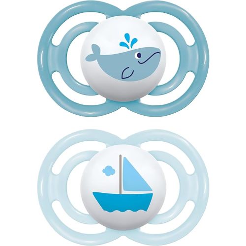 MAM Perfect Baby Pacifier, Patented Nipple, Developed with Pediatric Dentists & Orthodontists, Boy, 6-16 (Pack of 2), 3694-012-0-1