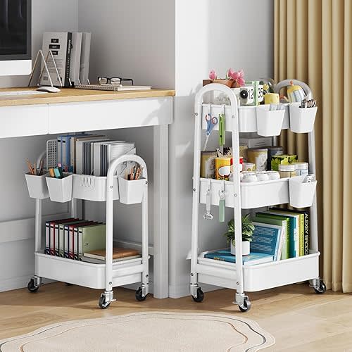 2 Tier Utility Rolling Cart Metal with Wheels, Storage Under Desk Mobile Trolley with Handle, White Two Tiered Utility Organizer Carts for Kitchen, Office, Bathroom, Craft, Art, Snack, Baby Supplies