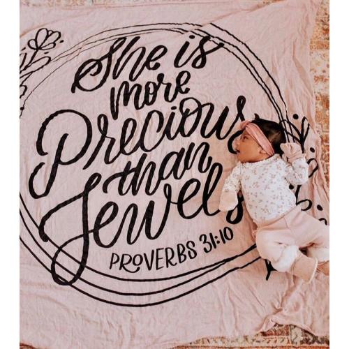 She Is More Precious Than Jewels - Baby Muslin Swaddle Blanket- Bamboo & Organic Cotton - Bible Verse Swaddle - CPSC/GOTS - 47 in x 47 in