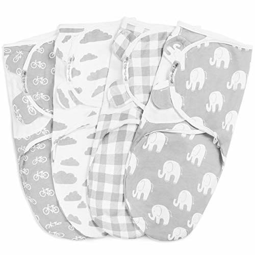BaeBae Goods Swaddle Blanket, Adjustable Infant Baby Swaddling Wrap Set of 4, Baby Swaddling Wrap Blankets for Boys and Girls Made in Soft Cotton (0-3 Months, Grey Elephants)