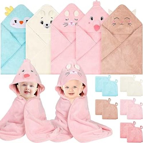 15 Pack Hooded Baby Towels, 5 Packs Soft Baby Bath Towels with Hood for Babies, 10 Packs Baby Washcloths for Newborns, Toddlers, and Kids- Absorbent, Baby Stuff Shower as Best Gifts for Boys and Girls