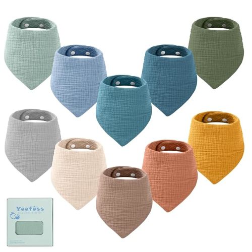Yoofoss Muslin Baby Bibs 10 Pack 100% Organic Cotton 6-Layer Soft Absorbent Drool Bandana Baby Bibs for Drooling and Teething for Boys and Girls, Beige & Blue
