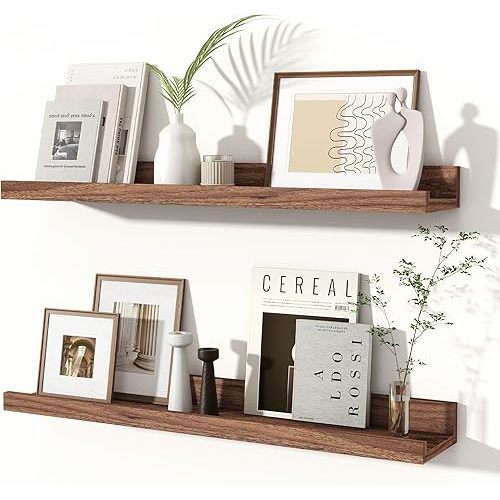 Fun Memories Picture Ledge Shelves Set of 2, 24 Inch Rustic Wall Mounted Floating Shelves with Lip for Home Storage and Décor in Bathroom, Kitchen, Nursery, Bedroom, Living Room, Walnut