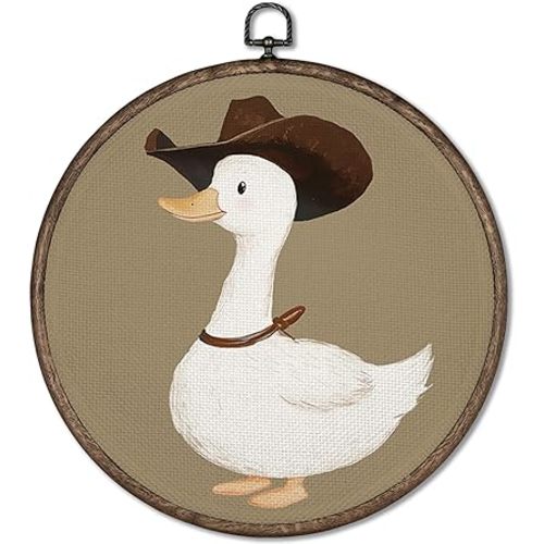GWFSJYU Vintage Western Duck Framed Wall Art, Duck Bathroom Decor, Cowboy Duck Round Canvas Prints Wall Art, Farmhouse Ducks Hanging Decor for Bedroom Living Room, 10”x10”inch