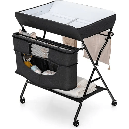 Costzon Baby Changing Table, Adjustable Height Portable Diaper Station w/Lockable Wheels, Safety Belt, Large Storage Rack & Bag, Folding Nursery Station for Infant Newborn (Black)