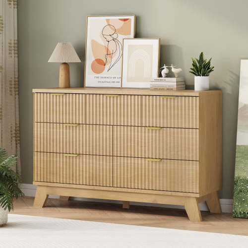 FANRAL 7 Drawer Dresser Fluted Dresser for Bedroom,Wooden Chest Of Drawers Modern Dresser for Closet,Natural Oak Dresser