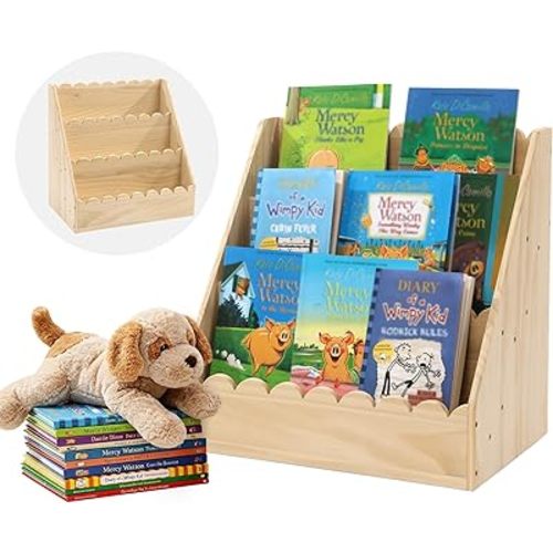 BALAPET Kids Bookshelf for Toddlers, 3-Tier Scalloped Wooden Bookcase, Durable Montessori Front Facing Book Shelf Organizer for Nursery & Classroom(Wooden,16.5 * 16.5 * 10.6in)