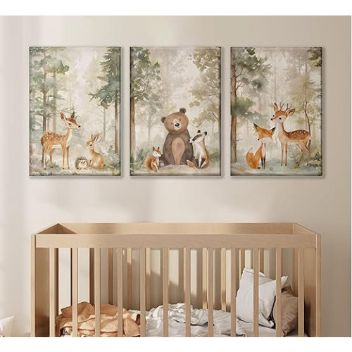 Millwood Pines 3Pcs Woodland Animal Nursery Canvas Wall Art Wild Animals Forest Paintings Pictures Wall Decor Fox Bear Deer Watercolor Poster Printing Artwork For Room Room Home Decoration | Wayfair