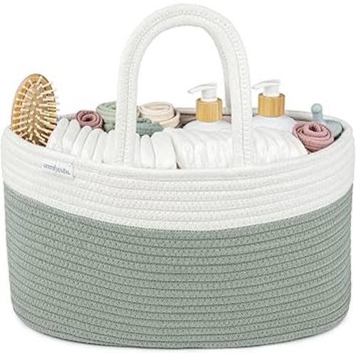 Comfy Cubs Rope Diaper Caddy Organizer 8.5" x 15" x 8" - Large Baby Diaper Basket with 3 Spacious Compartments - Stylish Cotton Baby Caddy Organizer for Diapers, Wipes & Essentials - Sage