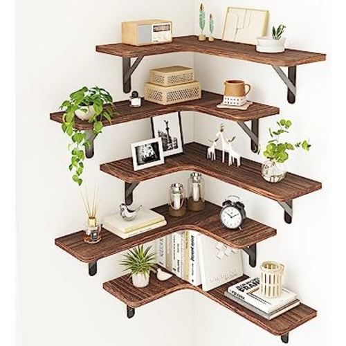 Fixwal Corner Floating Shelves, Rustic Wood Wall Shelves for Bathroom, Kitchen, Bedroom or Living Room (Dark Carbonized Black)