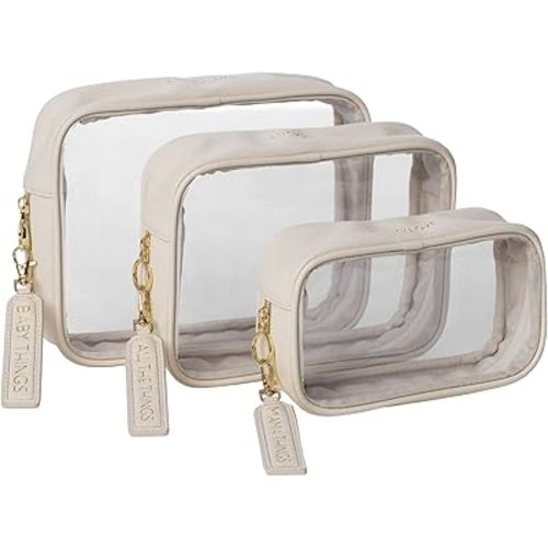 Lucky Love Diaper Bag Organizing Pouches | Set of 3 Including Diaper Clutch | Dry Wet Bag (Cream Clear Trio Pouches w/Removable Tags)