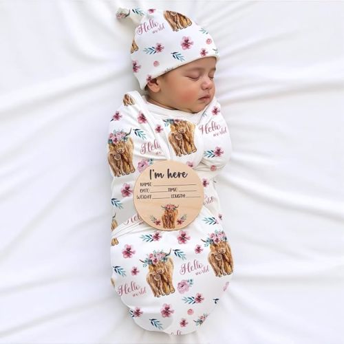 Ylsteed Baby Highland Cow Swaddle Blanket and Headband Set, Newborn Receiving Blanket Swaddle Wrap for Girls and Boys, Swaddling Blankets Neutral for Newborn 32 * 32 in (Highland Cow Pink)