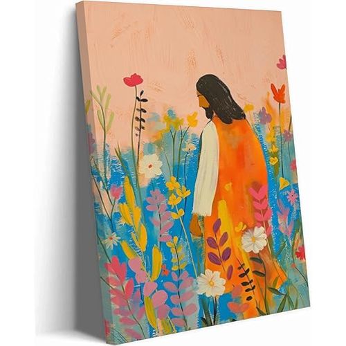 Colorful Jesus Canvas Wall Art Jesus with Wildflowers Christian Watercolor Painting Picture Wall Decor Bible Verse Story Print Artwork for Living Room Bedroom Church Home Decortion, Framed