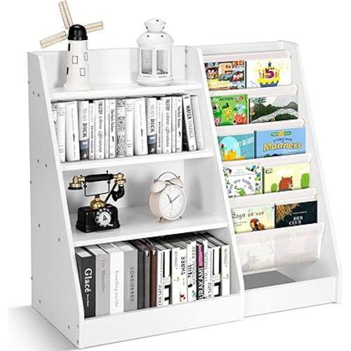 4 Tier Wooden Kids Bookshelf, 5 Layer Sling Toddler Bookcase, Book and Toy Organizer Cabinet, Montessori Baby Bookshelf for Home, Nursery, Playroom, Bedroom, Kindergarten, White