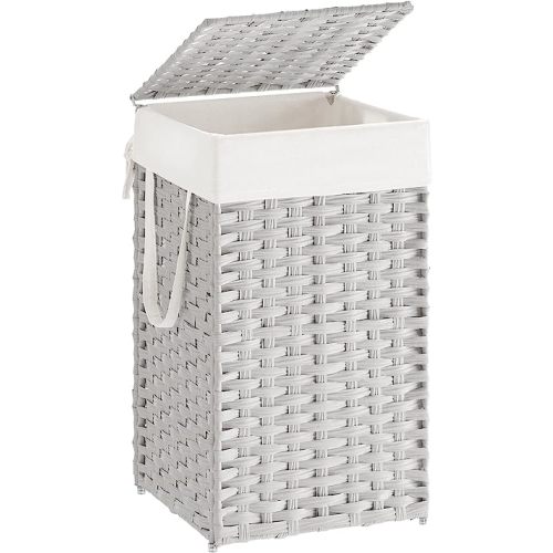 SONGMICS Laundry Hamper with Lid, 17.2 Gallon (65 L) Synthetic Rattan Clothes Laundry Basket with Lid and Handles, Foldable, Removable Liner, Cloud White ULCB165W01