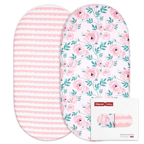 Gllquen Baby Bassinet Sheets Set 2-Pack, Breathable Cozy Bassinet Fitted Sheet Universal Fit Standard Mattress Oval Rectangle Cradle Baby Sheets for Baby Boy Girls Unisex 32"x16" (Pink Flower)