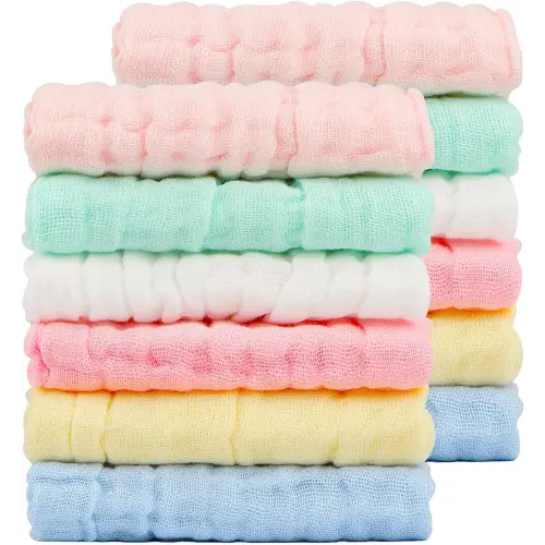 Orighty Muslin Baby Washcloths Pack of 12 - Soft Face Cloths for Newborn, Absorbent Baby Bath and Face Towels, 100% Cotton Babies Wipes, Burp Cloths, Feeding Towels for Babies and Infants - 10 x 10’’