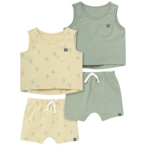 Modern Moments™ by Gerber Baby Boys' 4-Piece Sleeveless Shirt and Shorts Set, Dusty Yellow Cactus/Md Green, 12 Months