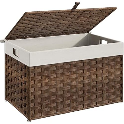 HOOBRO Storage Basket with Lid, 17.2 Gallon (65L) Wicker Basket, Handwoven Blanket Storage Basket with Handles, Metal Frame and Soft Lining, Foldable for Bedroom, Laundry Room, Brown BR265CW01