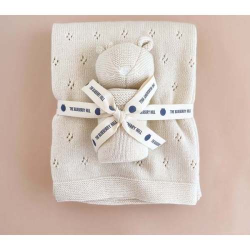 Pique Blanket & Harper Bear Lovey Set, Cream - The Blueberry Hill | Maisonette