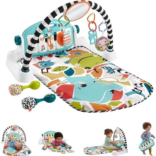 Fisher-Price Baby Gift Set Glow and Grow Kick & Play Piano Gym Blue Playmat & Musical Learning Toy with 2 Rattle Maracas for Newborns Ages 0+ Months