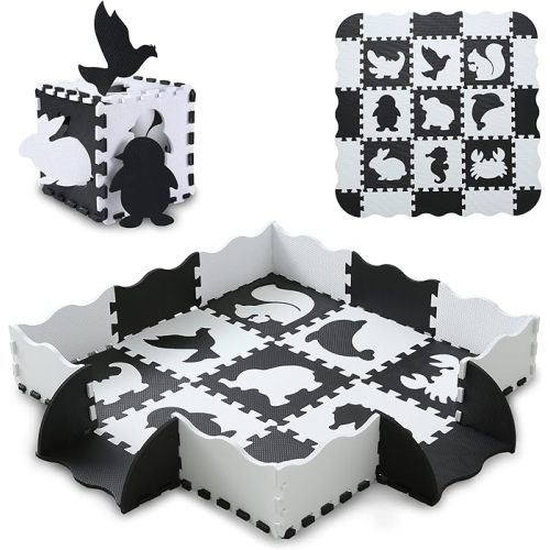 Tamiplay Foam Play Mat for Kids,25Pcs Square Interlocking Puzzle Floor Mat,Baby Play Mat Floor Mat Foam Puzzle Playmat for Toddlers with Fence - Black Animals