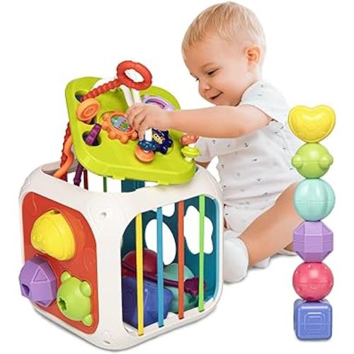 Montessori Toys for Toddlers 1 Years, 7-in-1 Activity Cube, Shape Sorter Toy| Baby Developmental Learning Toys| One Year Old First Birthday Gifts