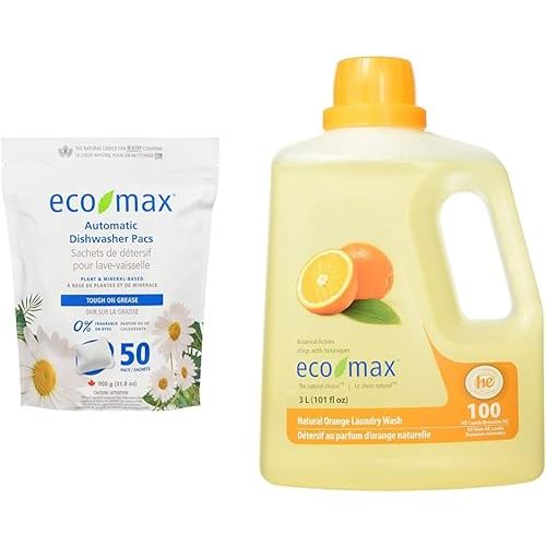 Eco-Max Hypoallergenic Automatic Dishwasher Pacs, 50 count, Fragrance-Free & Eco Max Laundry Products-Orange Laundry Wash, 3 l (Pack of 1)