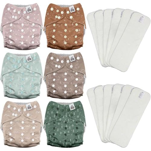 Mama Koala 3.0 Cloth Diapers for Babies with AWJ Lining, 6 Pack with 12 5-Layer Bboo(No Microfiber) Cloth Diaper Inserts - Reusable and Washable Pocket Diapers(12-My Warm Heart)