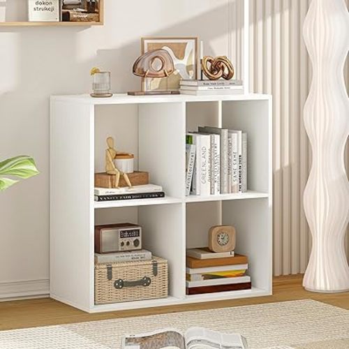 4 Cube Storage Organizer, 2 Tier Floor Standing Bookcase, Small Bookshelf for Small Spaces, Wooden Open Display Shelf for Living Room, Bedroom, Study, White Bookshelf with Open Back