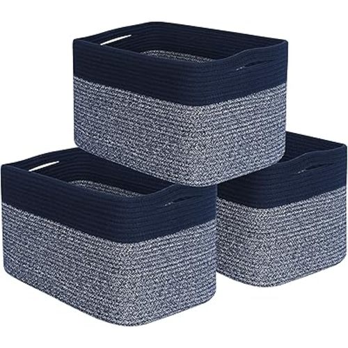 MINTWOOD Design 3-Pack Storage Baskets for Shelves, Playroom and Classroom, Book Basket, Decorative Storage Cube Bins, Woven Closet Organizers, Pantry and Shoe Organizer, Navy Blue